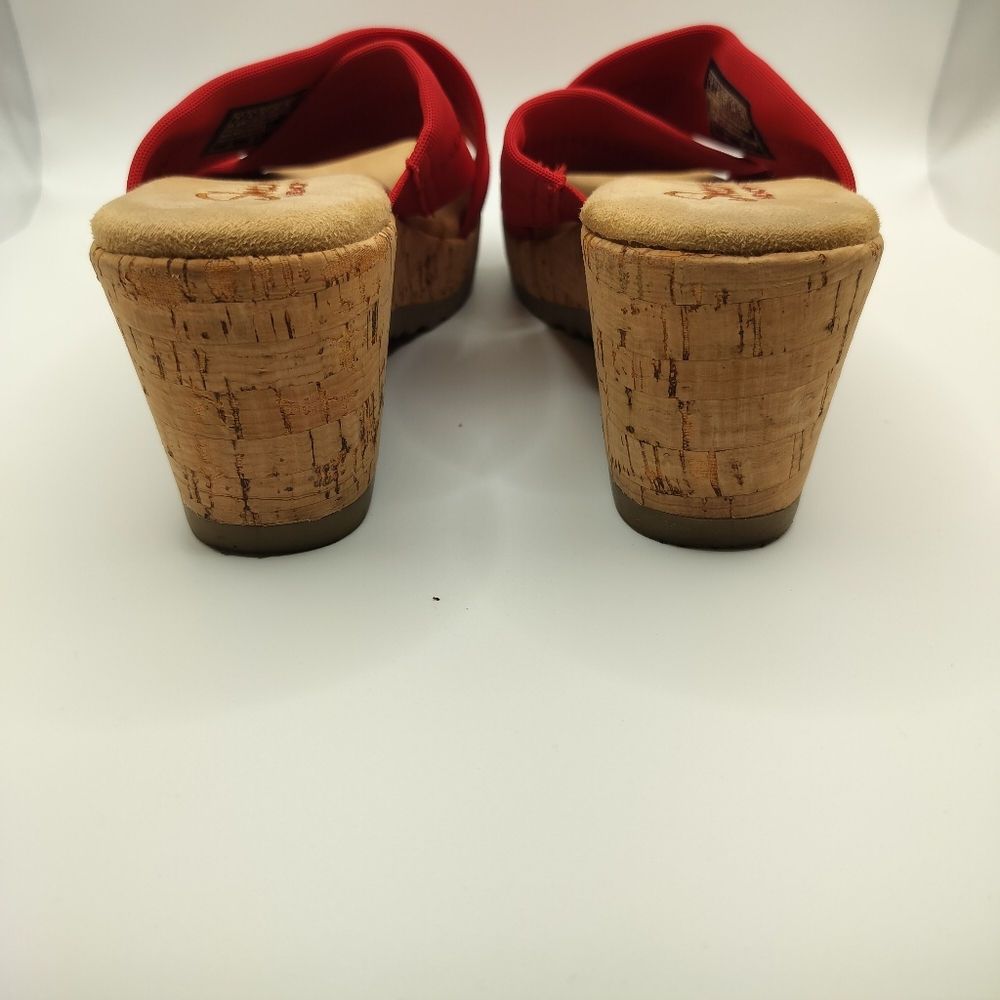 2/$30 Skechers Red Tan Wedge Cross Strap Slip On Sandals Womens‎ Size 7 Summer - Picture 6 of 13